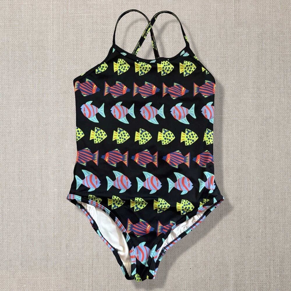 Hanna Andersson Tropical Fish On Black Printed Easy 1 Pc Swimsuit Size 12